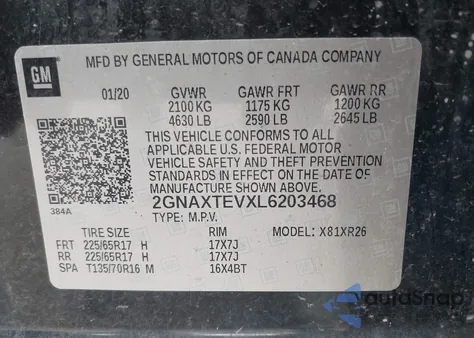 2020 Chevrolet Equinox Awd 2Fl z USA, uszkodzony, nr VIN 2GNAXTEVXL6203468